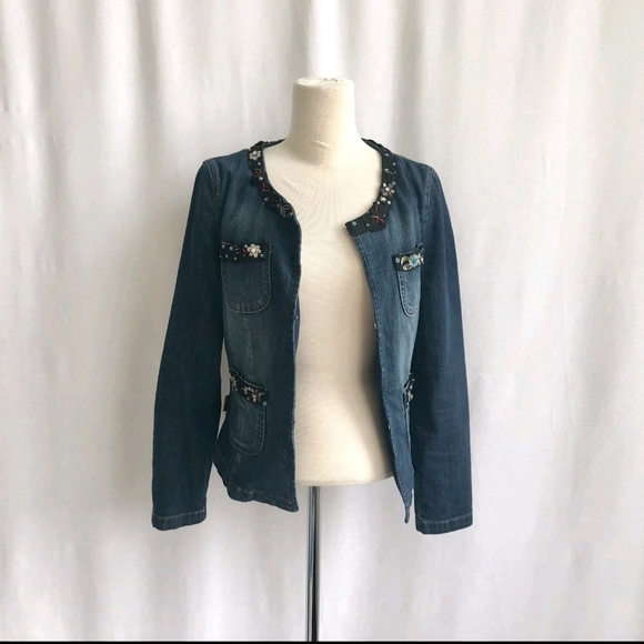 MOSCHINO Jeans  Denim  Collarless Jacket Beading Detail Hook Closure  Size 6 - Picture 2 of 9